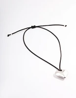 Rhodium Puffy Heart Black Suede Adjustable Cord Necklace