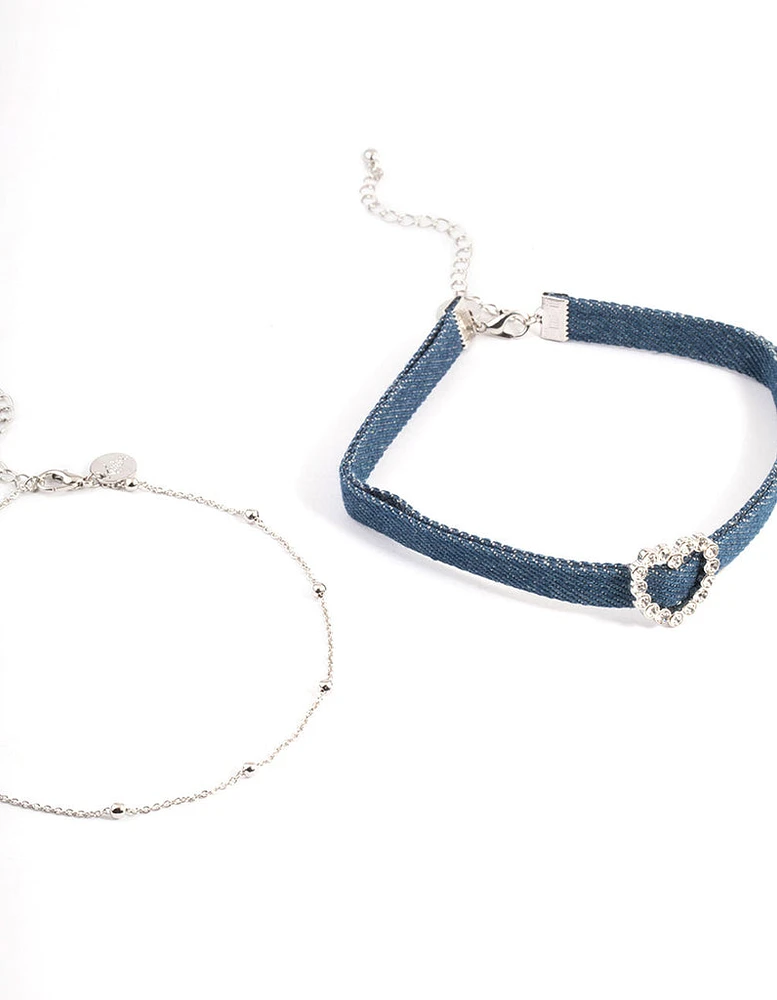 Rhodium Denim Heart Choker