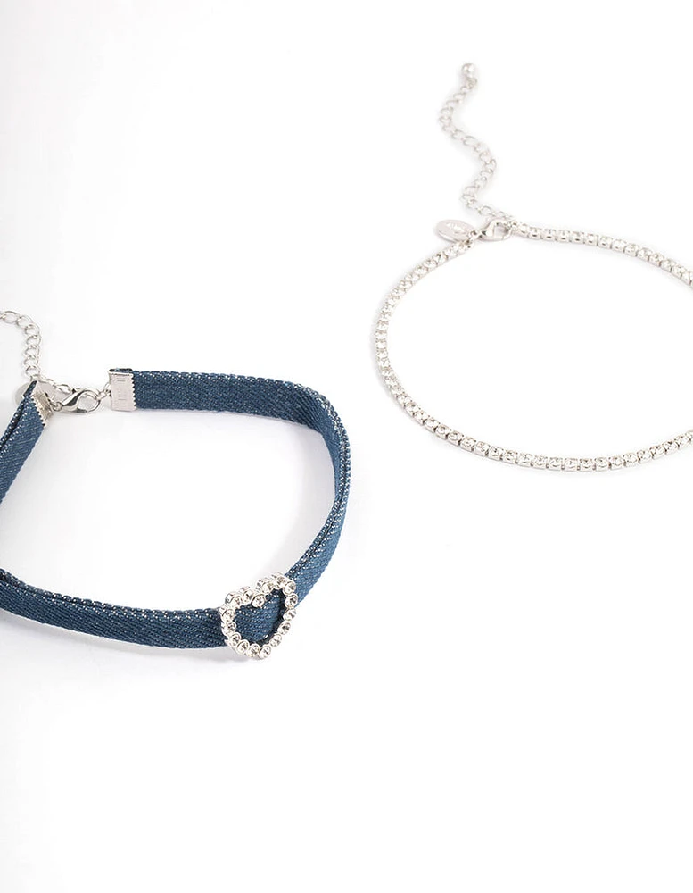 Silver Denim Heart Choker