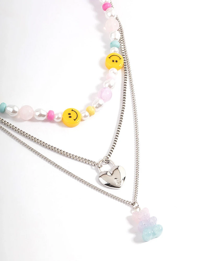 Silver Layered Smiley Gummy Necklace