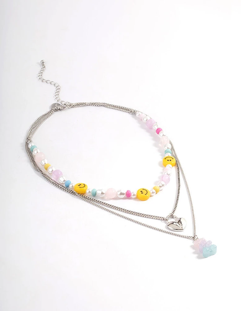 Silver Layered Smiley Gummy Necklace