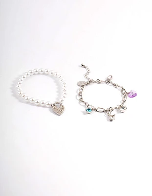 Rhodium Pearl Chain Charm Bracelet