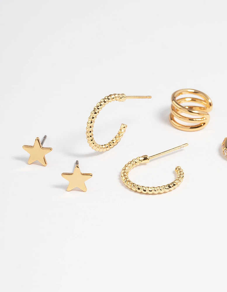 Gold Plated Star & Moon Stud Earrings 8-Pack