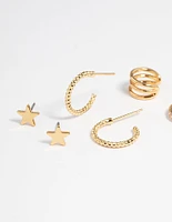 Gold Plated Star & Moon Stud Earrings 8-Pack