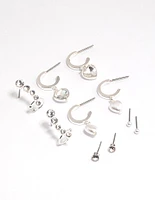 Silver Diamante Pearl Heart Mixed Earring Hoop 5-Pack