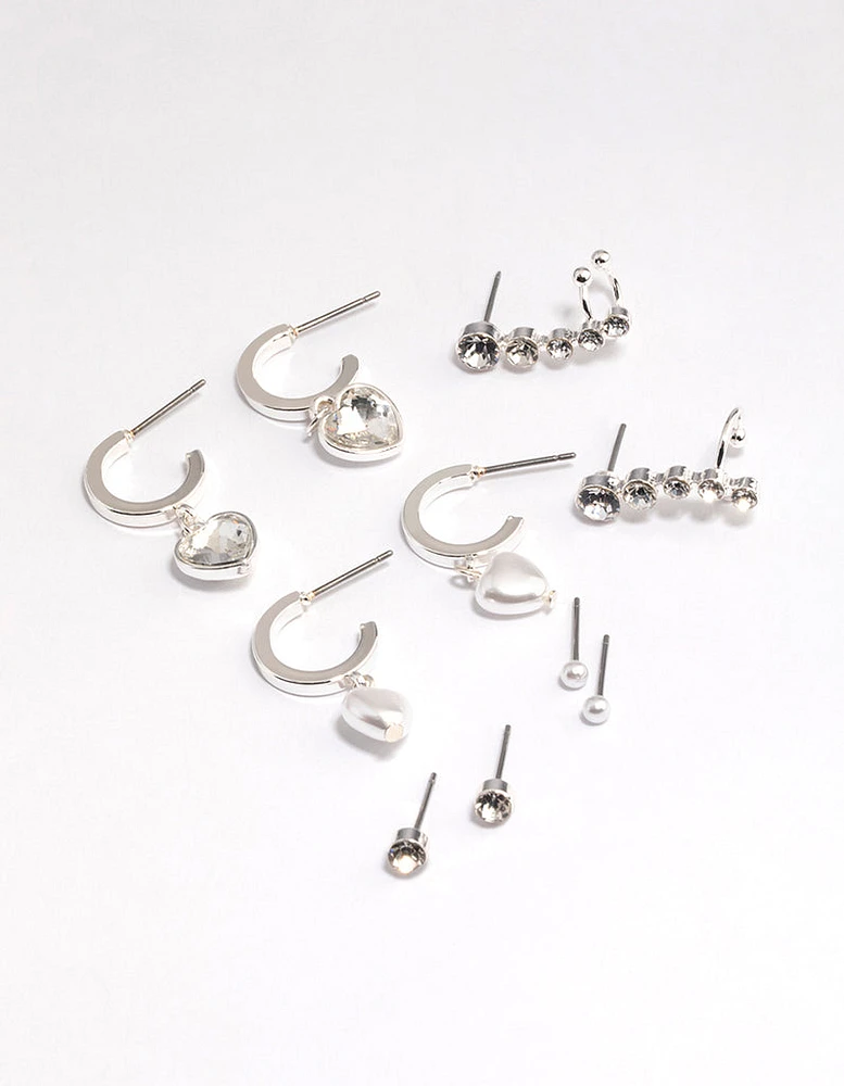 Silver Diamante Pearl Heart Mixed Earring Hoop 5-Pack