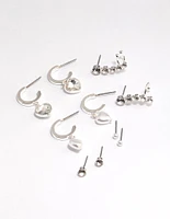 Silver Diamante Pearl Heart Mixed Earring Hoop 5-Pack