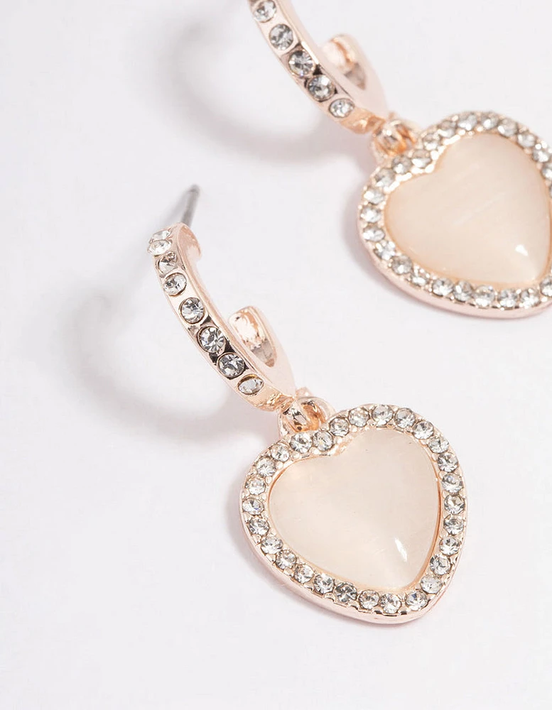 Rose Gold Catseye Diamante Heart Huggie Earrings