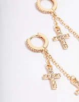 Gold Diamante Double Cross Huggie Earrings