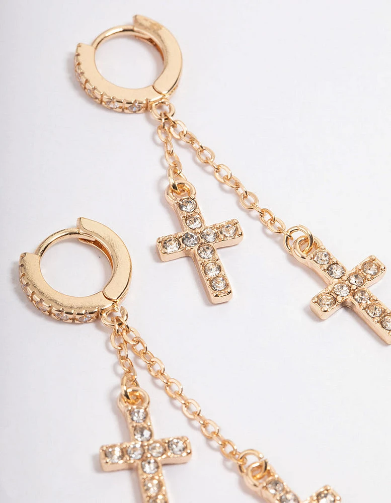 Gold Diamante Double Cross Huggie Earrings