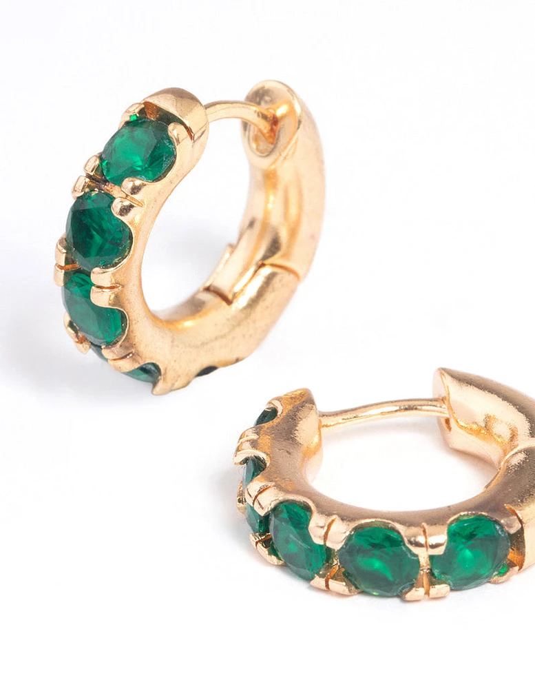 Gold Green Stone Thick Huggie Earrings