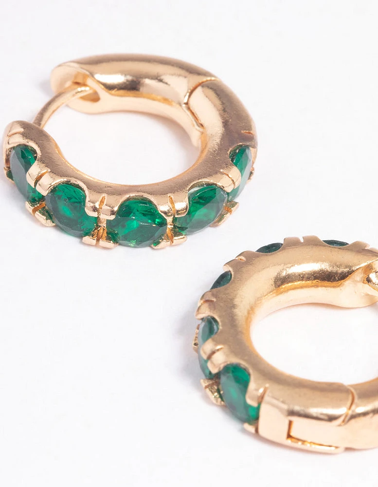 Gold Green Stone Thick Huggie Earrings