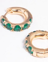 Gold Green Stone Thick Huggie Earrings