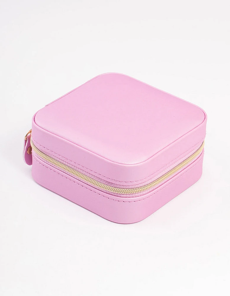 Pink Smooth Faux Leather Compact Jewellery Box