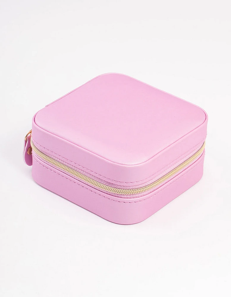 Pink Smooth PU Leather Compact Jewellery Case