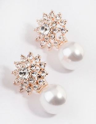 Rose Gold Diamante Swirl Pearl Stud Earrings