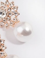 Rose Gold Diamante Swirl Pearl Stud Earrings