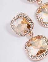 Rose Gold Double Square Halo Drop Earrings