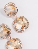 Rose Gold Double Square Halo Drop Earrings