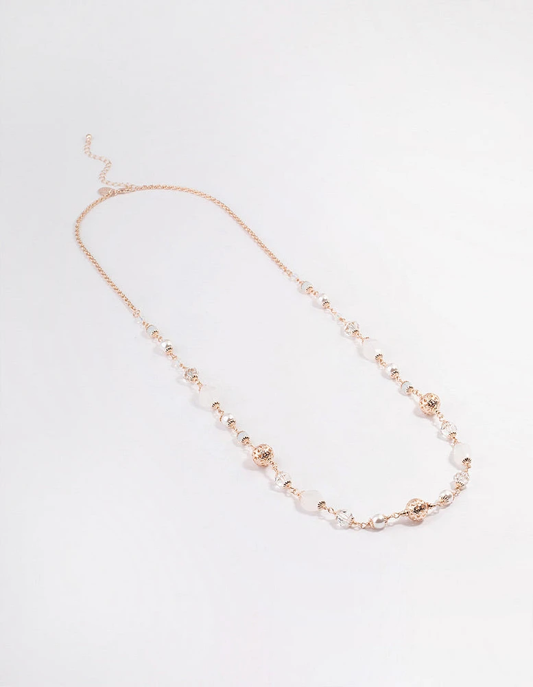 Rose Gold Mixed Facet & Filigree Beaded Long Necklace