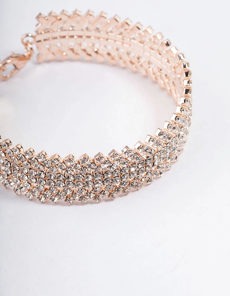 Rose Gold Spiky Four Row Diamante Bangle Cuff