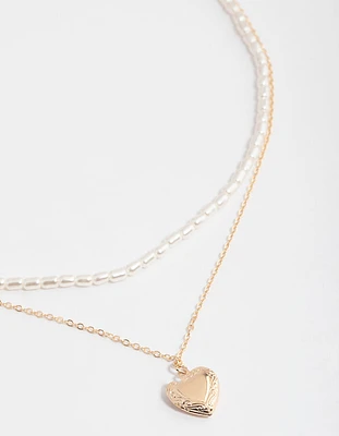 Gold Double Row Pearl Chain & Heart Locket Necklace