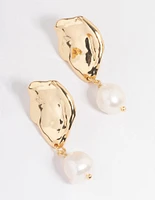 Gold Plated Molten Irregular Freshwater Pearl Drop Earrings