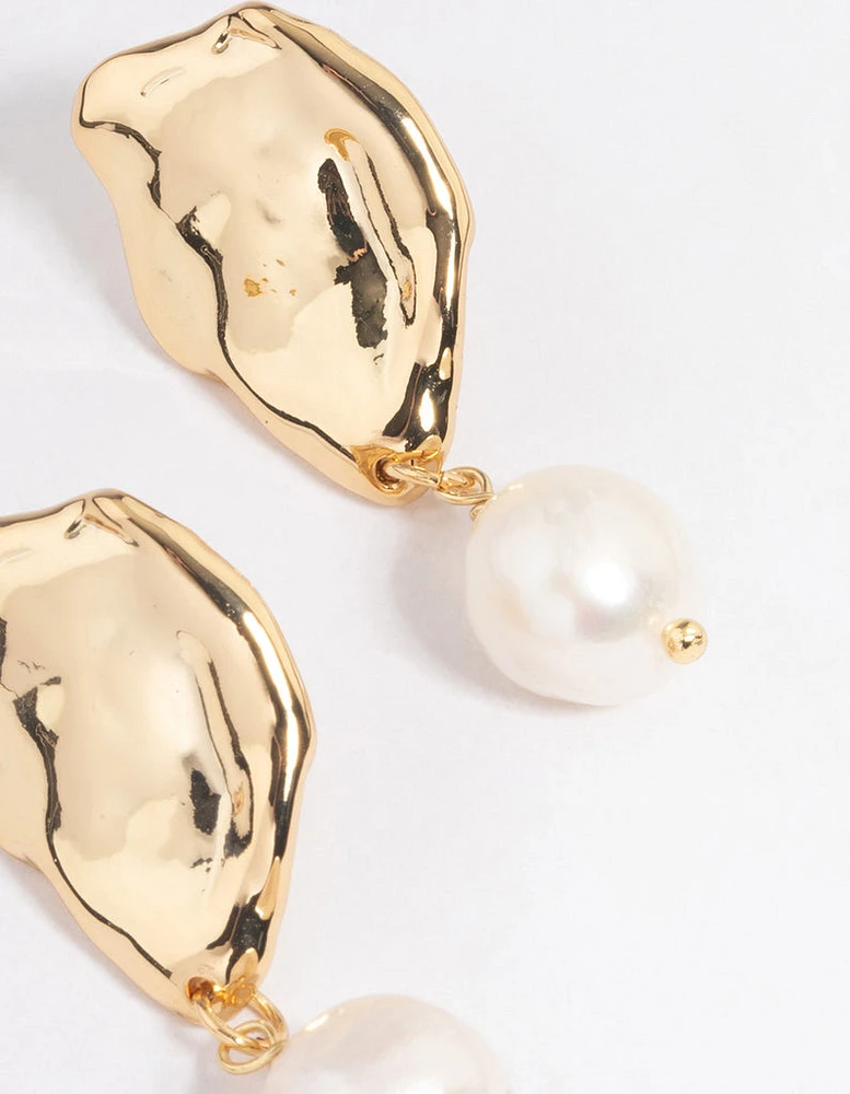 Gold Plated Molten Irregular Freshwater Pearl Drop Earrings