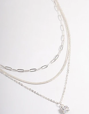 Silver Plated Square Cubic Zirconia Drop Chain Necklace