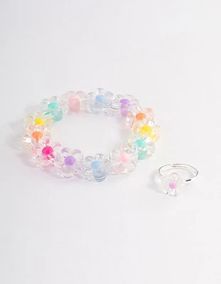 Kids Pastel Flower Stretch Bracelet & Ring Set