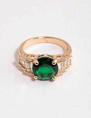 Gold & Emerald Green Round Baguette Ring