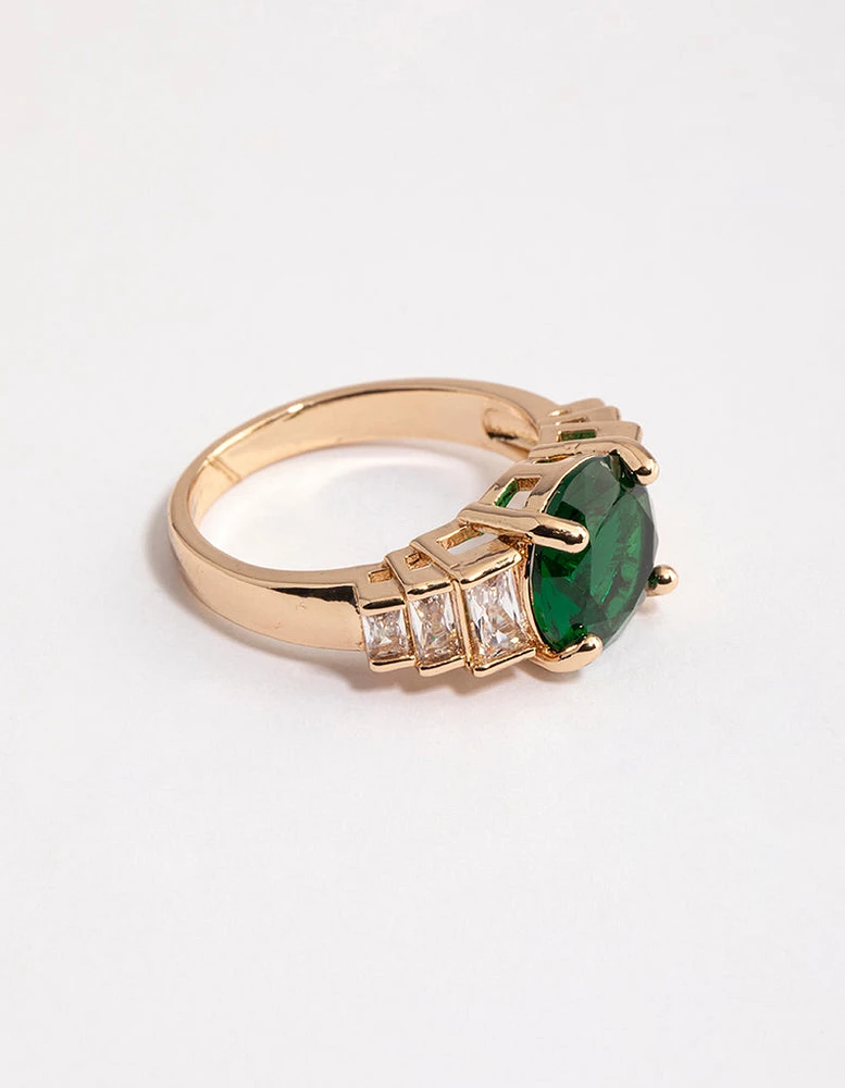 Gold & Emerald Green Round Baguette Ring