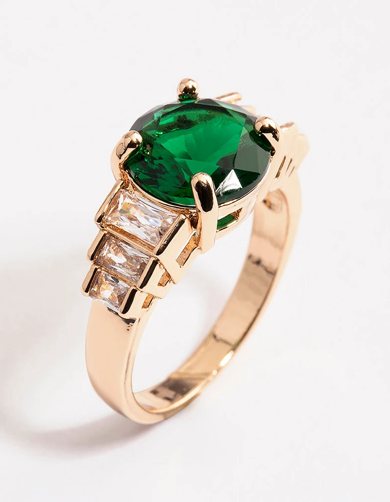 Gold & Emerald Green Round Baguette Ring