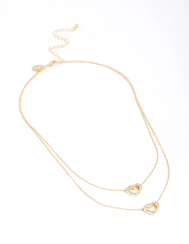 Gold Double Diamante Open Heart Necklace