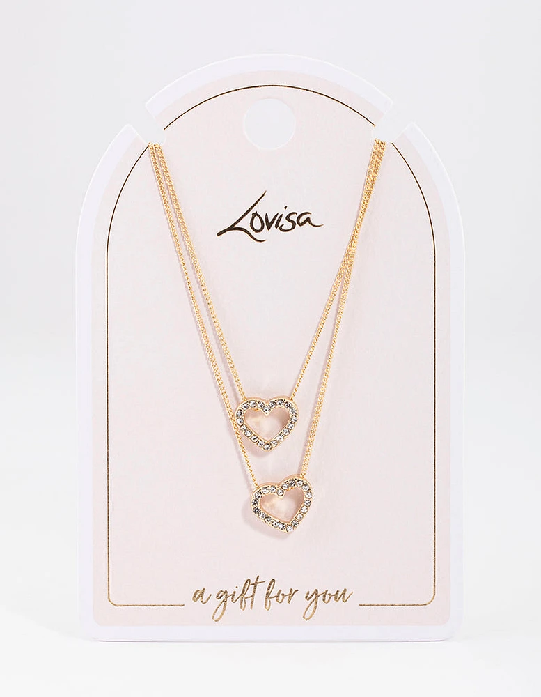 Gold Double Diamante Open Heart Necklace