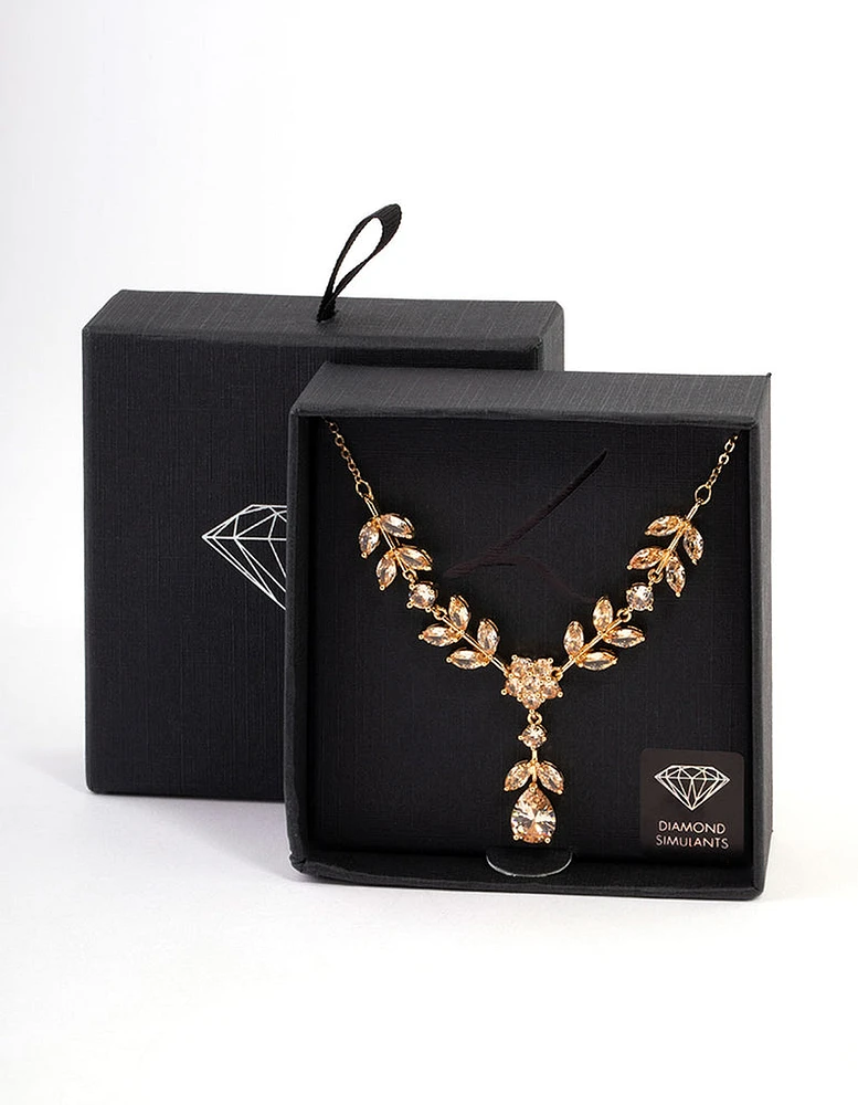 Gold Diamond Simulant Floral Y-Necklace