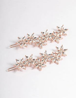 Rose Gold Diamante Flower Hair Pin Pack