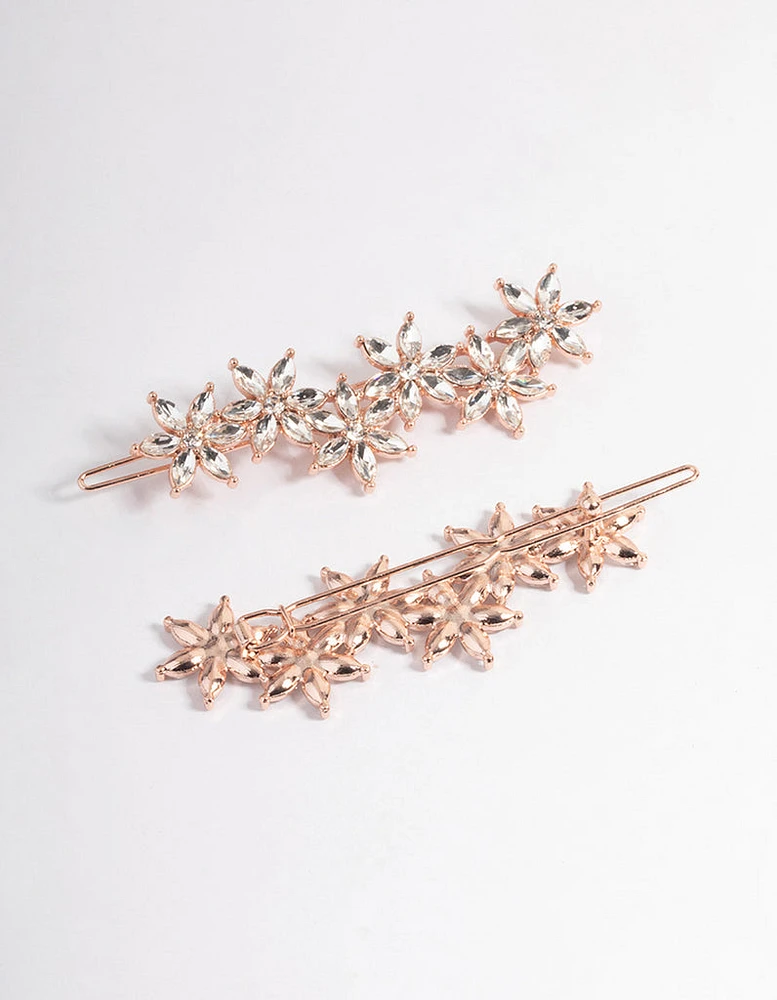 Rose Gold Diamante Flower Hair Pin Pack