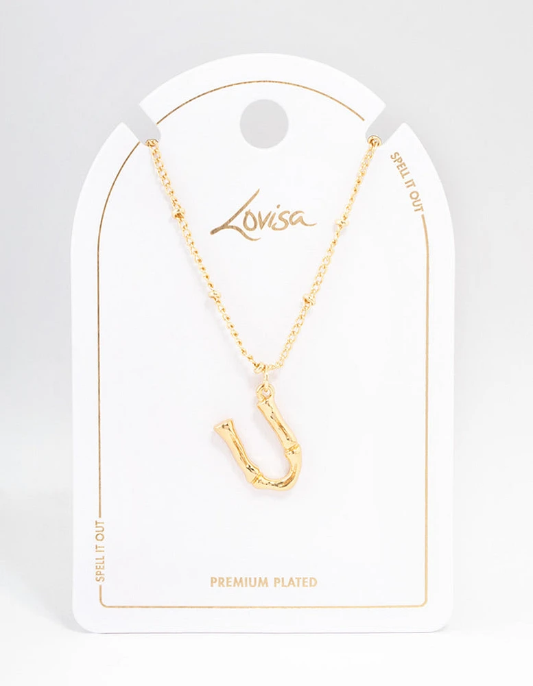 Letter 'U' Gold Plated Bamboo Initial Necklace