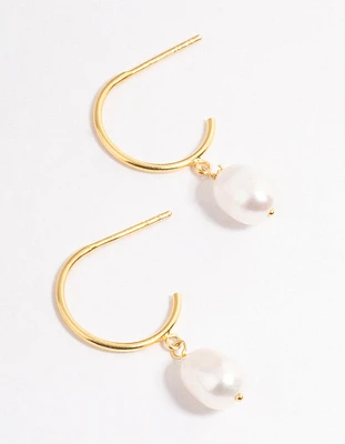 Gold Plated Sterling Silver Pearl Drop Hoop Earrings
