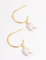 Gold Plated Sterling Silver Pearl Drop Hoop Earrings