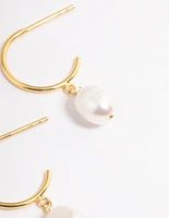 Gold Plated Sterling Silver Pearl Drop Hoop Earrings