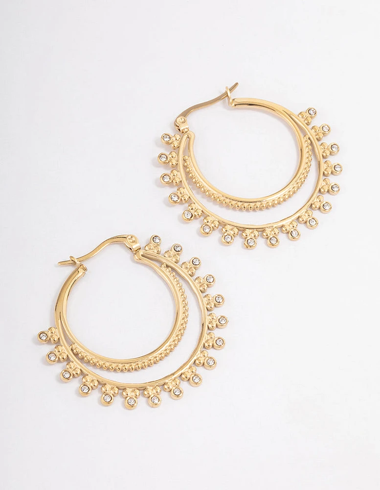 Gold Plated Stainless Steel Diamante Dotted Double Layer Hoop Earrings