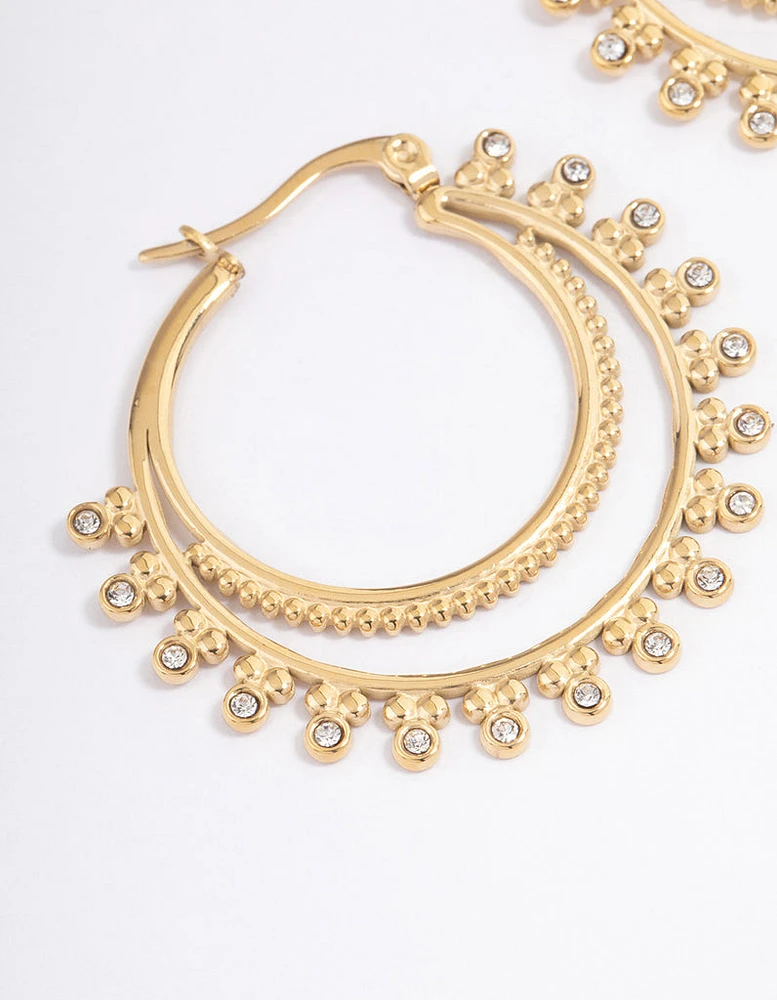 Gold Plated Stainless Steel Diamante Dotted Double Layer Hoop Earrings