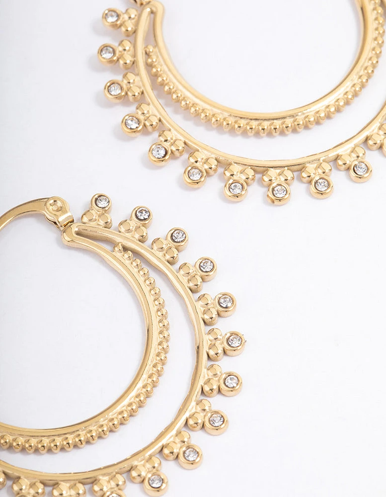 Gold Plated Stainless Steel Diamante Dotted Double Layer Hoop Earrings