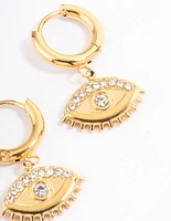 Gold Plated Stainless Steel Diamante Evil Eye Drop Huggie Hoops