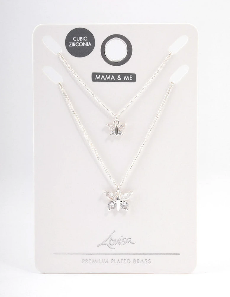 Silver Plated Cubic Zirconia Link Butterfly Necklace Pack