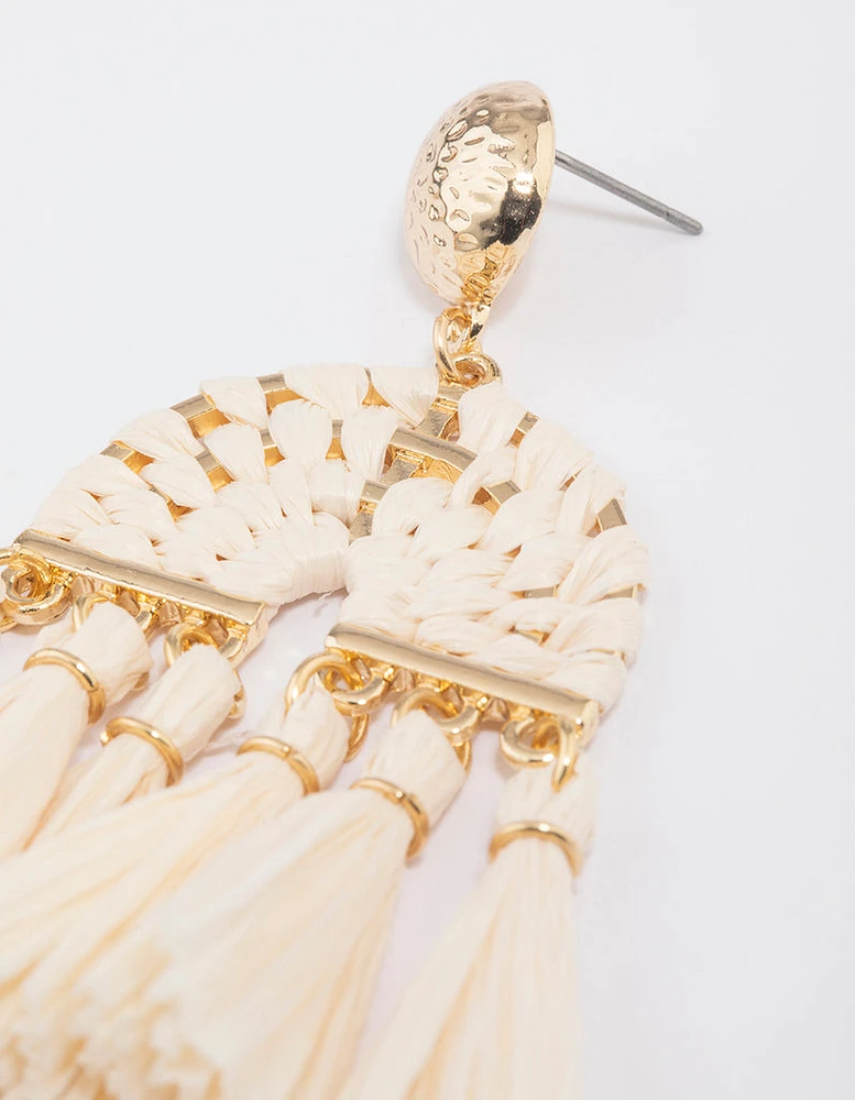 Gold Raffia Tassel Drop Earrings