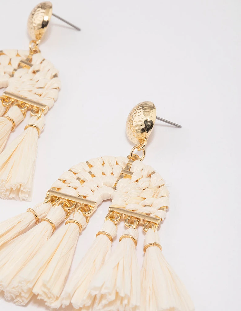 Gold Raffia Tassel Drop Earrings