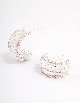 Silver Plated Cubic Zirconia Pearl Layered Small Hoop Earrings